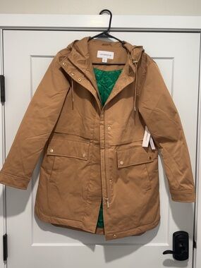NEW! Liz Claiborne Tan Hooded Coat with Green Lining